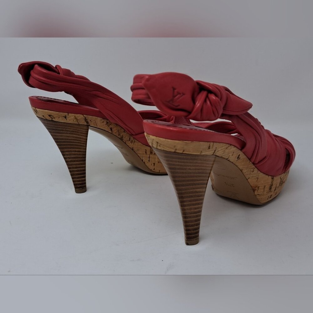 Louis Vuitton Red Leather Platform Slingback Sandals Deerskin Cork 37.5 EU / 7.5 - Picture 10 of 16